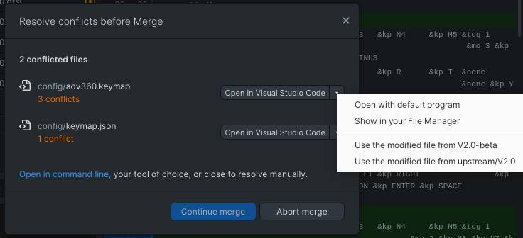 The merge dialog showing a warning of conflicts
