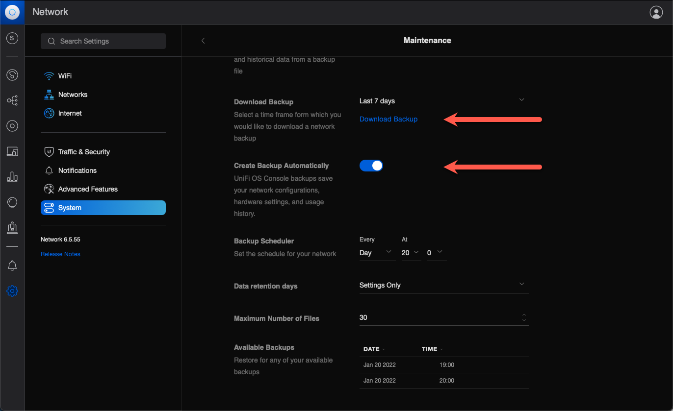 Backup options in Unifi controller